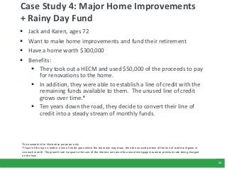 13
Case Study 4: Major Home Improvements
+ Rainy Day Fund
 Jack and Karen, ages 72
 Want to make home improvements and fund their retirement
 Have a home worth $300,000
 Benefits:
 They took out a HECM and used $50,000 of the proceeds to pay
for renovations to the home.
 In addition, they were able to establish a line of credit with the
remaining funds available to them. The unused line of credit
grows over time.*
 Ten years down the road, they decide to convert their line of
credit into a steady stream of monthly funds.
This example is for illustrative purposes only.
*If part of the loan is held in a line of credit upon which the borrower may draw, then the unused portion of the line of credit will grow in
size each month. The growth rate is equal to the sum of the interest rate plus the annual mortgage insurance premium rate being charged
on the loan.
 