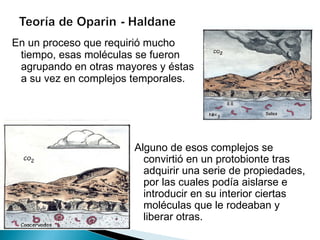 En un proceso que requirió mucho tiempo, esas moléculas se fueron agrupando en otras mayores y éstas a su vez en complejos temporales.  Alguno de esos complejos se convirtió en un protobionte tras adquirir una serie de propiedades, por las cuales podía aislarse e introducir en su interior ciertas moléculas que le rodeaban y liberar otras.  