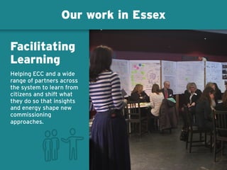 Our work in Essex
Helping ECC and a wide
range of partners across
the system to learn from
citizens and shift what
they do so that insights
and energy shape new
commissioning
approaches.
Facilitating
Learning
 