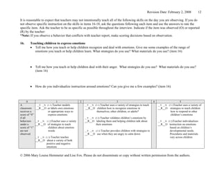 Revision Date: February 2, 2008            12

It is reasonable to expect that teachers may not intentionally teach all of the following skills on the day you are observing. If you do
not observe specific instruction on the skills in items 16-18, ask the questions following each item and use the answers to rate the
specific item. Ask the teacher to be as specific as possible throughout the interview. Indicate if the item was observed (O) or reported
(R) by the teacher:
*Note: If you observe a behavior that conflicts with teacher report, make scoring decisions based on observation.

16.     Teaching children to express emotions
        • Tell me how you teach or help children recognize and deal with emotions. Give me some examples of the range of
           emotions you teach or help children learn. What strategies do you use? What materials do you use? (item 16)



        •   Tell me how you teach or help children deal with their anger. What strategies do you use? What materials do you use?
            (item 16)



        •   How do you individualize instruction around emotions? Can you give me a few examples? (item 16)



       0                        1                  2                           3                                 4                     5
A              __Y __N (1.1) Teacher models            __Y __N (3.1) Teacher
                                                                         uses a variety of strategies to teach       __Y __N (5.1)Teacheruses a variety of
classroom     __R __O or labels own emotions           __R__O children how to recognize emotions in                  __R__O strategies to teach children
receives a              or appropriate ways to                themselves, other children, or adults*                        how to respond to other
score of “0”            express emotions                                                                                    children’s emotions
if all                                                 __Y __N (3.2) Teacher
                                                                          validates children’s emotions by
behaviors    __Y __N (1.2)Teacher uses a variety       __R__O labeling them and helping children talk about          __Y __N (5.2)Teacher individualizes
under a      __R __O of strategies to teach                   their emotions                                         __R__O instruction on emotions
score of “1”            children about emotion                                                                                 based on children’s
are not                 words                          __Y __N (3.3) Teacher
                                                                          provides children with strategies to                 developmental needs.
observed                                               __R __O use when they are angry to calm down                            Procedures and materials
             __Y __N (1.3) Teacher teaches                                                                                     vary across children
             __R__O about a variety of both
                       positive and negative
                       emotions


© 2006 Mary Louise Hemmeter and Lise Fox. Please do not disseminate or copy without written permission from the authors.
 