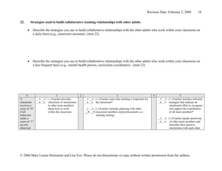 Revision Date: February 2, 2008            18


22.       Strategies used to build collaborative teaming relationships with other adults

      •    Describe the strategies you use to build collaborative relationships with the other adults who work within your classroom on
           a daily basis (e.g., classroom assistant). (item 22)




      •    Describe the strategies you use to build collaborative relationships with the other adults who work within your classroom on
           a less frequent basis (e.g., mental health person, curriculum coordinator). (item 22)




       0                        1                    2                                 3                              4                     5
A              __Y __N (1.1)Teacher provides             __Y __N (3.1)Teacher notes   that teaming is important for       __Y __N (5.1)Teacher includes informal
classroom      __R __O  directions or instructions       __R __O the classroom*                                           __R __O strategies that indicate an
receives a              to other team members                                                                                      intentional effort to recognize
score of “0”            about how to work                __Y __N (3.2)Teacherincludes planning with other                          and support the contribution
if all                  within the classroom             __R __O classroom members and professionals as a                          of all team members*
behaviors                                                        teaming strategy
under a                                                                                                                   __Y __N (5.2)Teacher speaks positively
score of “1”                                                                                                              __R __O  of other team members and
are not                                                                                                                            describes their positive
observed                                                                                                                           interactions with each other




© 2006 Mary Louise Hemmeter and Lise Fox. Please do not disseminate or copy without written permission from the authors.
 