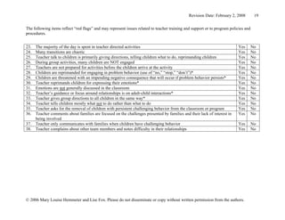 Revision Date: February 2, 2008         19


The following items reflect “red flags” and may represent issues related to teacher training and support or to program policies and
procedures.


23. The majority of the day is spent in teacher directed activities                                                        Yes        No
24. Many transitions are chaotic                                                                                           Yes        No
25. Teacher talk to children is primarily giving directions, telling children what to do, reprimanding children            Yes        No
26. During group activities, many children are NOT engaged                                                                 Yes        No
27. Teachers are not prepared for activities before the children arrive at the activity                                    Yes        No
28. Children are reprimanded for engaging in problem behavior (use of “no,” “stop,” “don’t”)*                              Yes        No
29. Children are threatened with an impending negative consequence that will occur if problem behavior persists*           Yes        No
30. Teacher reprimands children for expressing their emotions*                                                             Yes        No
31. Emotions are not generally discussed in the classroom                                                                  Yes        No
32. Teacher’s guidance or focus around relationships is on adult-child interactions*                                       Yes        No
33. Teacher gives group directions to all children in the same way*                                                        Yes        No
34. Teacher tells children mostly what not to do rather than what to do                                                    Yes        No
35. Teacher asks for the removal of children with persistent challenging behavior from the classroom or program            Yes        No
36. Teacher comments about families are focused on the challenges presented by families and their lack of interest in      Yes        No
    being involved
37. Teacher only communicates with families when children have challenging behavior                                        Yes        No
38. Teacher complains about other team members and notes difficulty in their relationships                                 Yes        No




© 2006 Mary Louise Hemmeter and Lise Fox. Please do not disseminate or copy without written permission from the authors.
 