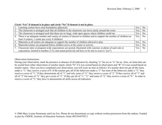 Revision Date: February 2, 2008        3




Circle “Yes” if element is in place and circle “No” if element is not in place.
1. Learning centers have clear boundaries (physical)                                                                           Yes    No
2. The classroom is arranged such that all children in the classroom can move easily around the room                           Yes    No
3. The classroom is arranged such that there are no large, wide open spaces where children could run                           Yes    No
4. There is an adequate number and variety of centers of interest to children and to support the number of children (at        Yes    No
   least 4 centers; 1 center per every 4 children)
5. Materials in all centers are adequate to support the number of children allowed to play                                     Yes    No
6. Materials/centers are prepared before children arrive at the center or activity                                             Yes    No
7. Classroom rules or program-wide expectations are posted, illustrated with a picture or photo of each rule or                Yes    No
   expectation, limited in number (3-5), and stated positively (all have to be true to score a “yes”)


Observation Instructions:
During your observation, mark the presence or absence of all indicators by checking “y” for yes or “n” for no. Also, on items that can
be scored from either observation or teacher report, check “O” if it was scored based on observation and “R” if it was scored based on
teacher report. Once you have completed your observation, you will score an item as follows: If a teacher does not get all the items
under a “1,” they receive a score of 0. If the teacher gets all of the behaviors under a “1” but none of the behaviors under a “3,” they
receive a score of “1.” If they demonstrate all of “1” and only some of “3,” they receive a score of “2.” If they receive all of “1” and
all of “3” but none of “5,” they get a score of “3.” If they get all of “1,” “3,” and some of “5,” they receive a score of “4.” In order to
receive a score of “5,” they have to demonstrate all skills across all indicators.




© 2006 Mary Louise Hemmeter and Lise Fox. Please do not disseminate or copy without written permission from the authors. Funded
in part by USDOE, Institute of Education Sciences, Grant #R324A070212
 