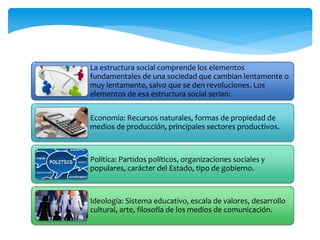 La estructura social comprende los elementos
fundamentales de una sociedad que cambian lentamente o
muy lentamente, salvo que se den revoluciones. Los
elementos de esa estructura social serían:
Economía: Recursos naturales, formas de propiedad de
medios de producción, principales sectores productivos.
Política: Partidos políticos, organizaciones sociales y
populares, carácter del Estado, tipo de gobierno.
Ideología: Sistema educativo, escala de valores, desarrollo
cultural, arte, filosofía de los medios de comunicación.
 