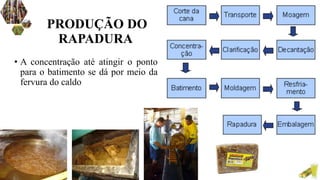 • A concentração até atingir o ponto
para o batimento se dá por meio da
fervura do caldo
PRODUÇÃO DO
RAPADURA
 