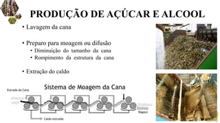 • Lavagem da cana
• Preparo para moagem ou difusão
• Diminuição do tamanho da cana
• Rompimento da estrutura da cana
• Extração do caldo
PRODUÇÃO DE AÇÚCAR E ALCOOL
 