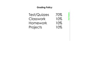 Grading Policy 
Test/Quizzes 70% 
Classwork 10% 
Homework 10% 
Projects 10% 
Test Folders 
 