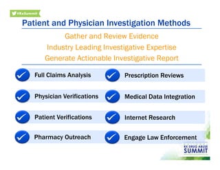 Patient and Physician Investigation Methods
Full Claims Analysis
Physician Verifications
Patient Verifications
Pharmacy Outreach
Prescription Reviews
Medical Data Integration
Internet Research
Engage Law Enforcement
Gather and Review Evidence
Industry Leading Investigative Expertise
Generate Actionable Investigative Report
 