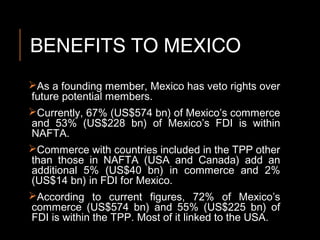 BENEFITS TO MEXICO
As a founding member, Mexico has veto rights over
future potential members.
Currently, 67% (US$574 bn) of Mexico’s commerce
and 53% (US$228 bn) of Mexico’s FDI is within
NAFTA.
Commerce with countries included in the TPP other
than those in NAFTA (USA and Canada) add an
additional 5% (US$40 bn) in commerce and 2%
(US$14 bn) in FDI for Mexico.
According to current figures, 72% of Mexico’s
commerce (US$574 bn) and 55% (US$225 bn) of
FDI is within the TPP. Most of it linked to the USA.
 