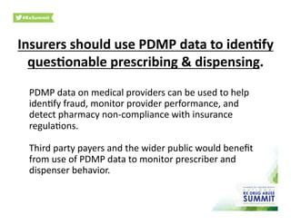 Insurers	
  should	
  use	
  PDMP	
  data	
  to	
  iden)fy	
  
ques)onable	
  prescribing	
  &	
  dispensing.	
  
PDMP	
  data	
  on	
  medical	
  providers	
  can	
  be	
  used	
  to	
  help	
  
iden0fy	
  fraud,	
  monitor	
  provider	
  performance,	
  and	
  
detect	
  pharmacy	
  non-­‐compliance	
  with	
  insurance	
  
regula0ons.	
  	
  
Third	
  party	
  payers	
  and	
  the	
  wider	
  public	
  would	
  beneﬁt	
  
from	
  use	
  of	
  PDMP	
  data	
  to	
  monitor	
  prescriber	
  and	
  
dispenser	
  behavior.	
  
 