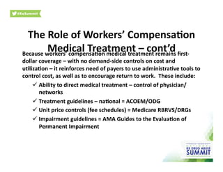 The	
  Role	
  of	
  Workers’	
  Compensa)on	
  
Medical	
  Treatment	
  –	
  cont’d	
  Because	
  workers’	
  compensa)on	
  medical	
  treatment	
  remains	
  ﬁrst-­‐
dollar	
  coverage	
  –	
  with	
  no	
  demand-­‐side	
  controls	
  on	
  cost	
  and	
  
u)liza)on	
  –	
  it	
  reinforces	
  need	
  of	
  payers	
  to	
  use	
  administra)ve	
  tools	
  to	
  
control	
  cost,	
  as	
  well	
  as	
  to	
  encourage	
  return	
  to	
  work.	
  	
  These	
  include:	
  
 Ability	
  to	
  direct	
  medical	
  treatment	
  –	
  control	
  of	
  physician/
networks	
  
 Treatment	
  guidelines	
  –	
  na)onal	
  =	
  ACOEM/ODG	
  
 Unit	
  price	
  controls	
  (fee	
  schedules)	
  =	
  Medicare	
  RBRVS/DRGs	
  
 Impairment	
  guidelines	
  =	
  AMA	
  Guides	
  to	
  the	
  Evalua)on	
  of	
  
Permanent	
  Impairment	
  
 