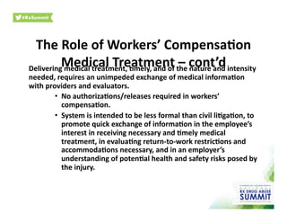 The	
  Role	
  of	
  Workers’	
  Compensa)on	
  
Medical	
  Treatment	
  –	
  cont’d	
  Delivering	
  medical	
  treatment,	
  )mely,	
  and	
  of	
  the	
  nature	
  and	
  intensity	
  
needed,	
  requires	
  an	
  unimpeded	
  exchange	
  of	
  medical	
  informa)on	
  
with	
  providers	
  and	
  evaluators.	
  	
  	
  
•  No	
  authoriza)ons/releases	
  required	
  in	
  workers’	
  
compensa)on.	
  	
  
•  System	
  is	
  intended	
  to	
  be	
  less	
  formal	
  than	
  civil	
  li)ga)on,	
  to	
  
promote	
  quick	
  exchange	
  of	
  informa)on	
  in	
  the	
  employee’s	
  
interest	
  in	
  receiving	
  necessary	
  and	
  )mely	
  medical	
  
treatment,	
  in	
  evalua)ng	
  return-­‐to-­‐work	
  restric)ons	
  and	
  
accommoda)ons	
  necessary,	
  and	
  in	
  an	
  employer’s	
  
understanding	
  of	
  poten)al	
  health	
  and	
  safety	
  risks	
  posed	
  by	
  
the	
  injury.	
  	
  	
  
 