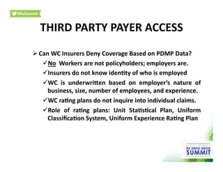  Can	
  WC	
  Insurers	
  Deny	
  Coverage	
  Based	
  on	
  PDMP	
  Data?	
  
 No	
  	
  Workers	
  are	
  not	
  policyholders;	
  employers	
  are.	
  
 Insurers	
  do	
  not	
  know	
  iden)ty	
  of	
  who	
  is	
  employed	
  
 WC	
   is	
   underwriren	
   based	
   on	
   employer’s	
   nature	
   of	
  
business,	
  size,	
  number	
  of	
  employees,	
  and	
  experience.	
  
 WC	
  ra)ng	
  plans	
  do	
  not	
  inquire	
  into	
  individual	
  claims.	
  
 Role	
   of	
   ra)ng	
   plans:	
   Unit	
   Sta)s)cal	
   Plan,	
   Uniform	
  
Classiﬁca)on	
  System,	
  Uniform	
  Experience	
  Ra)ng	
  Plan	
  	
  
THIRD	
  PARTY	
  PAYER	
  ACCESS	
  
 