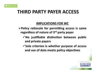 IMPLICATIONS	
  FOR	
  WC	
  
 Policy	
  ra)onale	
  for	
  permilng	
  access	
  is	
  same	
  
regardless	
  of	
  nature	
  of	
  3rd	
  party	
  payer	
  
 No	
   jus)ﬁable	
   dis)nc)on	
   between	
   public	
  
and	
  private	
  payers	
  
 Sole	
  criterion	
  is	
  whether	
  purpose	
  of	
  access	
  
and	
  use	
  of	
  data	
  meets	
  policy	
  objec)ves	
  
THIRD	
  PARTY	
  PAYER	
  ACCESS	
  
 