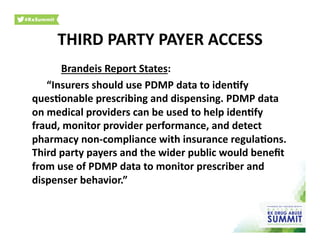 Brandeis	
  Report	
  States:	
  
	
  “Insurers	
  should	
  use	
  PDMP	
  data	
  to	
  iden)fy	
  
ques)onable	
  prescribing	
  and	
  dispensing.	
  PDMP	
  data	
  
on	
  medical	
  providers	
  can	
  be	
  used	
  to	
  help	
  iden)fy	
  
fraud,	
  monitor	
  provider	
  performance,	
  and	
  detect	
  
pharmacy	
  non-­‐compliance	
  with	
  insurance	
  regula)ons.	
  
Third	
  party	
  payers	
  and	
  the	
  wider	
  public	
  would	
  beneﬁt	
  
from	
  use	
  of	
  PDMP	
  data	
  to	
  monitor	
  prescriber	
  and	
  
dispenser	
  behavior.”	
  	
  
THIRD	
  PARTY	
  PAYER	
  ACCESS	
  
 