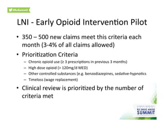 LNI	
  -­‐	
  Early	
  Opioid	
  Interven0on	
  Pilot	
  
•  350	
  –	
  500	
  new	
  claims	
  meet	
  this	
  criteria	
  each	
  
month	
  (3-­‐4%	
  of	
  all	
  claims	
  allowed)	
  
•  Priori0za0on	
  Criteria	
  	
  
–  Chronic	
  opioid	
  use	
  (≥	
  3	
  prescrip0ons	
  in	
  previous	
  3	
  months)	
  
–  High	
  dose	
  opioid	
  (>	
  120mg/d	
  MED)	
  
–  Other	
  controlled	
  substances	
  (e.g.	
  benzodiazepines,	
  seda0ve-­‐hypno0cs	
  
–  Timeloss	
  (wage	
  replacement)	
  
•  Clinical	
  review	
  is	
  priori0zed	
  by	
  the	
  number	
  of	
  
criteria	
  met	
  
 