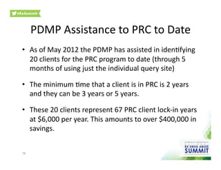 PDMP	
  Assistance	
  to	
  PRC	
  to	
  Date	
  
•  As	
  of	
  May	
  2012	
  the	
  PDMP	
  has	
  assisted	
  in	
  iden0fying	
  
20	
  clients	
  for	
  the	
  PRC	
  program	
  to	
  date	
  (through	
  5	
  
months	
  of	
  using	
  just	
  the	
  individual	
  query	
  site)	
  
•  The	
  minimum	
  0me	
  that	
  a	
  client	
  is	
  in	
  PRC	
  is	
  2	
  years	
  
and	
  they	
  can	
  be	
  3	
  years	
  or	
  5	
  years.	
  
•  These	
  20	
  clients	
  represent	
  67	
  PRC	
  client	
  lock-­‐in	
  years	
  
at	
  $6,000	
  per	
  year.	
  This	
  amounts	
  to	
  over	
  $400,000	
  in	
  
savings.	
  
78	
  
 