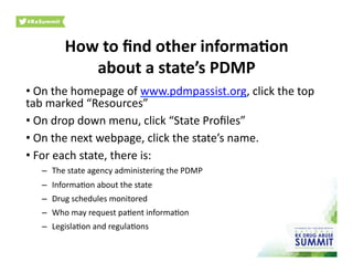 How	
  to	
  ﬁnd	
  other	
  informa)on	
  	
  
about	
  a	
  state’s	
  PDMP	
  
• 	
  On	
  the	
  homepage	
  of	
  www.pdmpassist.org,	
  click	
  the	
  top	
  
tab	
  marked	
  “Resources”	
  	
  
• 	
  On	
  drop	
  down	
  menu,	
  click	
  “State	
  Proﬁles”	
  
• 	
  On	
  the	
  next	
  webpage,	
  click	
  the	
  state’s	
  name.	
  
• 	
  For	
  each	
  state,	
  there	
  is:	
  	
  
–  The	
  state	
  agency	
  administering	
  the	
  PDMP	
  	
  
–  Informa0on	
  about	
  the	
  state	
  	
  
–  Drug	
  schedules	
  monitored	
  
–  Who	
  may	
  request	
  pa0ent	
  informa0on	
  
–  Legisla0on	
  and	
  regula0ons	
  	
  
 
