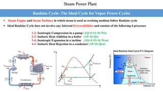 Rankine Cycle: The Ideal Cycle for Vapor Power Cycles
Steam Power Plant
 Steam Engine and Steam Turbines in which steam is used as working medium follow Rankine cycle
 Ideal Rankine Cycle does not involve any Internal Irreversibilities and consists of the following 4 processes
1-2: Isentropic Compression in a pump (ΔQ=0 ΔS=0) Win
2-3: Isobaric Heat Addition in a boiler (ΔP=0) Qin
3-4: Isentropic Expansion in a turbine (ΔQ=0 ΔS=0) Wout
4-1: Isobaric Heat Rejection in a condenser (ΔP=0) Qout
 