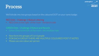 We’ll divide into two groups based on the coloured DOT on your name badge:

RED Dots - Challenge 1 Reduce Littering 
•  RE...