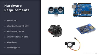 FABRIKAMFABRIKAM
Hardware
Requirements
17
o Arduino UNO
o Water Level Sensor HC-SR04
o Wi-Fi Module ESP8266
o Water Flow Sensor YF-S201
o Water Pump
o Power Supply 5V
 