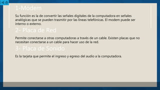 1-Módem
Su función es la de convertir las señales digitales de la computadora en señales
analógicas que se pueden trasmitir por las líneas telefónicas. El modem puede ser
interno o externo.
2- Placa de Red
Permite conectarse a otras computadoras a través de un cable. Existen placas que no
necesitan conectarse a un cable para hacer uso de la red.
3- Placa de Sonido
Es la tarjeta que permite el ingreso y egreso del audio a la computadora.
 