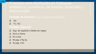 El teclado esta distribuido en 5 bloques:
alfabéticos, numéricos, de función, especiales y
direccionales
Teclado de función: Es un conjunto de 13 letras:
 Esc
 F1…F12
Teclado Especial:
 Supr. (en español) o Delete (en ingles)
 Inicio o Home
 Fin o End
 Re pag. o Pg Up
 Av pag. o Dn
 