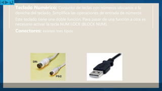 Teclado Numérico: Conjunto de teclas con números ubicados a la
derecha del teclado. Simplifica las operaciones de entrada de números .
Este teclado tiene una doble función. Para pasar de una función a otra es
necesario activar la tecla NUM LOCK (BLOCK NUM).
Conectores: existen tres tipos
 