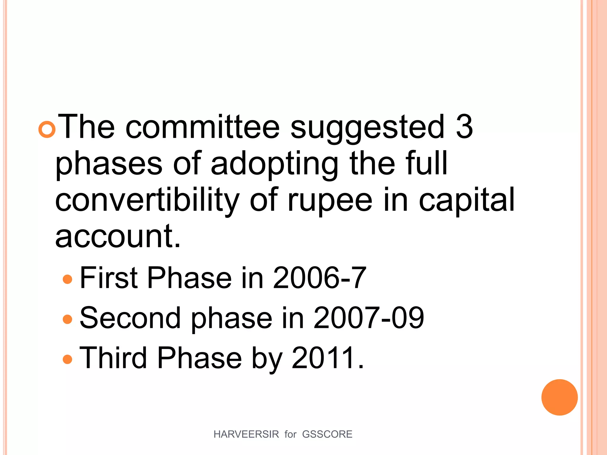 The committee suggested 3
phases of adopting the full
convertibility of rupee in capital
account.
 First Phase in 2006-7
 Second phase in 2007-09
 Third Phase by 2011.
23HARVEERSIR for GSSCORE
 