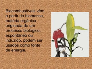 Biocombustíveis vêm a partir da biomassa, matéria orgânica originada de um processo biológico, espontâneo ou induzido, podem ser usados como fonte de energia. 