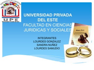 UNIVERSIDAD PRIVADA
DEL ESTE
FACULTAD EN CIENCIAS
JURIDICAS Y SOCIALES
INTEGRANTES
LOURDES GONZALEZ
SANDRA NUÑEZ
LOURDES SAMUDIO
 