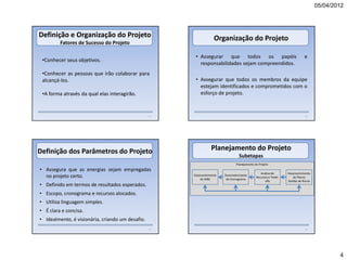 05/04/2012




Definição e Organização do Projeto                                  Organização do Projeto
         Fatores de Sucesso do Projeto

                                                        • Assegurar que todos os papéis                                      e
 •Conhecer seus objetivos.
                                                          responsabilidades sejam compreendidos.
 •Conhecer as pessoas que irão colaborar para
 alcançá-los.                                           • Assegurar que todos os membros da equipe
                                                          estejam identificados e comprometidos com o
 •A forma através da qual elas interagirão.               esforço de projeto.



                                                  15                                                                          16




Definição dos Parâmetros do Projeto                               Planejamento do Projeto
                                                                                  Subetapas
                                                                                Planejamento do Projeto
• Assegura que as energias sejam empregadas
                                                                                                 Análise de       Desenvolvimento
  no projeto certo.                                    Desenvolvimento
                                                           do WBS
                                                                         Desenvolvimento
                                                                          do Cronograma
                                                                                              Recursos e Trade-      de Planos
                                                                                                    offs          Gestão de Riscos
• Definido em termos de resultados esperados.
• Escopo, cronograma e recursos alocados.
• Utiliza linguagem simples.
• É clara e concisa.
• Idealmente, é visionária, criando um desafio.
                                                  17                                                                          18




                                                                                                                                             4
 