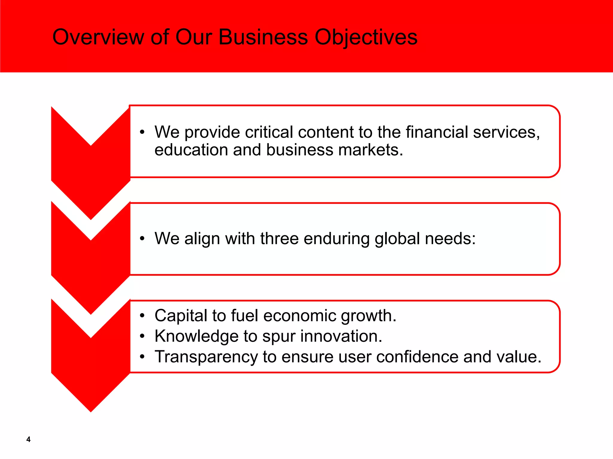 Overview of Our Business Objectives



            • We provide critical content to the financial services,
              education and business markets.




            • We align with three enduring global needs:



            • Capital to fuel economic growth.
            • Knowledge to spur innovation.
            • Transparency to ensure user confidence and value.



4
 