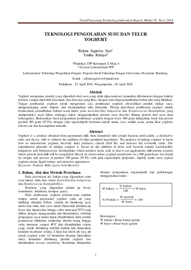 Laporan Praktikum Tpp Materi 4 Yoghurt Unpas