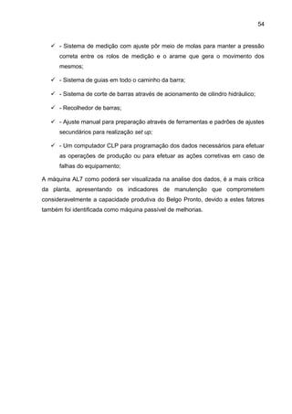 54


    - Sistema de medição com ajuste pôr meio de molas para manter a pressão
      correta entre os rolos de medição e o arame que gera o movimento dos
      mesmos;

    - Sistema de guias em todo o caminho da barra;

    - Sistema de corte de barras através de acionamento de cilindro hidráulico;

    - Recolhedor de barras;

    - Ajuste manual para preparação através de ferramentas e padrões de ajustes
      secundários para realização set up;

    - Um computador CLP para programação dos dados necessários para efetuar
      as operações de produção ou para efetuar as ações corretivas em caso de
      falhas do equipamento;

A máquina AL7 como poderá ser visualizada na analise dos dados, é a mais crítica
da planta, apresentando os indicadores de manutenção que comprometem
consideravelmente a capacidade produtiva do Belgo Pronto, devido a estes fatores
também foi identificada como máquina passível de melhorias.
 