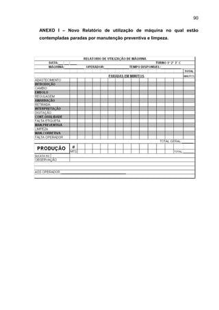 90

ANEXO I – Novo Relatório de utilização de máquina no qual estão
contempladas paradas por manutenção preventiva e limpeza.
 