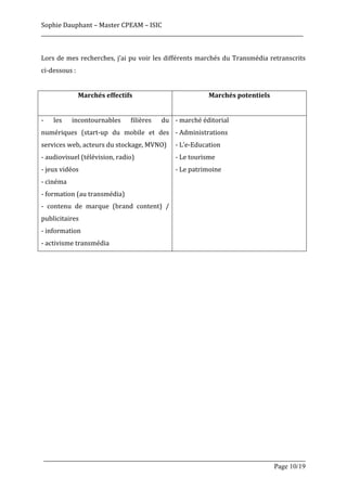 Sophie	
  Dauphant	
  –	
  Master	
  CPEAM	
  –	
  ISIC	
  
_____________________________________________________________________________________________________	
  
	
  
Lors	
  de	
  mes	
  recherches,	
  j’ai	
  pu	
  voir	
  les	
  différents	
  marchés	
  du	
  Transmédia	
  retranscrits	
  
ci-­‐dessous	
  :	
  
	
  
                        Marchés	
  effectifs	
                                              Marchés	
  potentiels	
  
                                                                      	
  
-­‐	
     les	
     incontournables	
         filières	
      du	
   -­‐	
  marché	
  éditorial	
  
numériques	
   (start-­‐up	
   du	
   mobile	
   et	
   des	
   -­‐	
  Administrations	
  
services	
  web,	
  acteurs	
  du	
  stockage,	
  MVNO)	
  	
   -­‐	
  L’e-­‐Education	
  
-­‐	
  audiovisuel	
  (télévision,	
  radio)	
                        -­‐	
  Le	
  tourisme	
  	
  
-­‐	
  jeux	
  vidéos	
                                               -­‐	
  Le	
  patrimoine	
  
-­‐	
  cinéma	
                                                       	
  
-­‐	
  formation	
  (au	
  transmédia)	
  
-­‐	
   contenu	
   de	
   marque	
   (brand	
   content)	
   /	
  
publicitaires	
  
-­‐	
  information	
  
-­‐	
  activisme	
  transmédia	
  
	
  
	
  
	
  
	
  
	
  
	
  
	
  
	
  
	
  
	
  
	
  
	
  
	
  
	
  
	
  
	
  

       _____________________________________________________________________________________________________
                                                                                                Page 10/19	
  
 