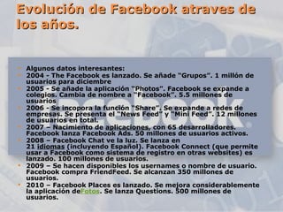 Evolución de Facebook atraves de los años. Algunos datos interesantes: 2004 - The Facebook es lanzado. Se añade “Grupos”. 1 millón de usuarios para diciembre 2005 - Se añade la aplicación “Photos”. Facebook se expande a colegios. Cambia de nombre a “Facebook”. 5.5 millones de usuarios 2006 - Se incopora la función “Share”. Se expande a redes de empresas. Se presenta el “News Feed” y “Mini Feed”. 12 millones de usuarios en total. 2007 – Nacimiento de  aplicaciones , con 65 desarrolladores. Facebook lanza Facebook Ads. 50 millones de usuarios activos. 2008 – Facebook Chat ve la luz. Se lanza en 21  idiomas  (incluyendo Español). Facebook Connect (que permite usar a Facebook como sistema de registro en otras websites) es lanzado. 100 millones de usuarios. 2009 – Se hacen disponibles los usernames o nombre de usuario. Facebook compra FriendFeed. Se alcanzan 350 millones de usuarios. 2010 – Facebook Places es lanzado. Se mejora considerablemente la aplicación de Fotos . Se lanza Questions. 500 millones de usuarios. 