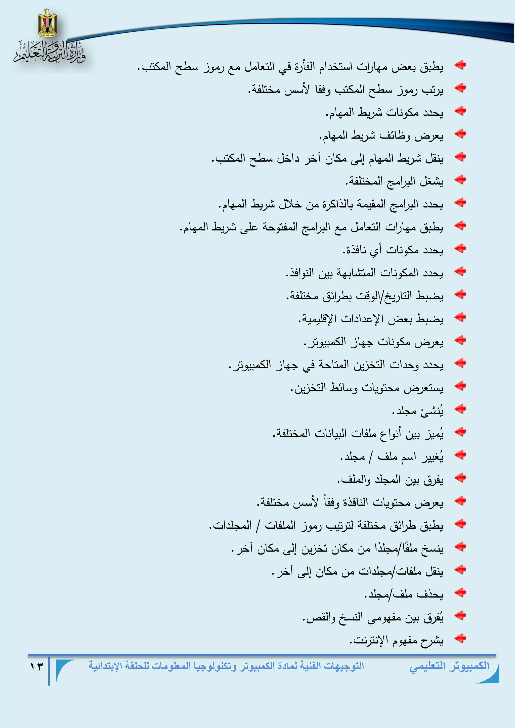 التوجيهات الفنية لمادة الكمبيوتر وتكنولوجيا المعلومات للحلقة الإبتدائية 13 
الكمبيوتر التعليمي 
يطبق بعض مها ا رت استخدام الفأرة في التعامل مع رموز سطح المكتب. 
يرتب رموز سطح المكتب وفقا لأسس مختلفة. 
يحدد مكونات شريط المهام. 
يعرض وظائف شريط المهام. 
ينقل شريط المهام إلى مكان آخر داخل سطح المكتب. 
يشغل الب ا رم المختلفة. 
يحدد الب ا رم المقيمة بالذاكرة من خلال شريط المهام. 
يطبق مها ا رت التعامل مع الب ا رم المفتوحة على شريط المهام. 
يحدد مكونات أي نافذة. 
يحدد المكونات المتشابهة بين النوافذ. 
يضبط التاريخ/الوقت بط ا رئق مختلفة. 
يضبط بعض الإعدادات الإقليمية. 
يعرض مكونات جهاز الكمبيوتر. 
يحدد وحدات التخزين المتاحة في جهاز الكمبيوتر. 
يستعرض محتويات وسائط التخزين. 
يُنشئ مجلد. 
يُميز بين أنواع ملفات البيانات المختلفة. 
يُغيير اسم ملف / مجلد. 
يفرق بين المجلد والملف. 
يعرض محتويات النافذة وفق ا لأسس مختلفة. 
يطبق ط ا رئق مختلفة لترتيب رموز الملفات / المجلدات. 
ينسخ مل ف ا/مجل د ا من مكان تخزين إلى مكان آخر. 
ينقل ملفات/مجلدات من مكان إلى آخر. 
يحذف ملف/مجلد. 
يُفرق بين مفهومي النسخ والقص. 
يشرح مفهوم الإنترنت. 
 