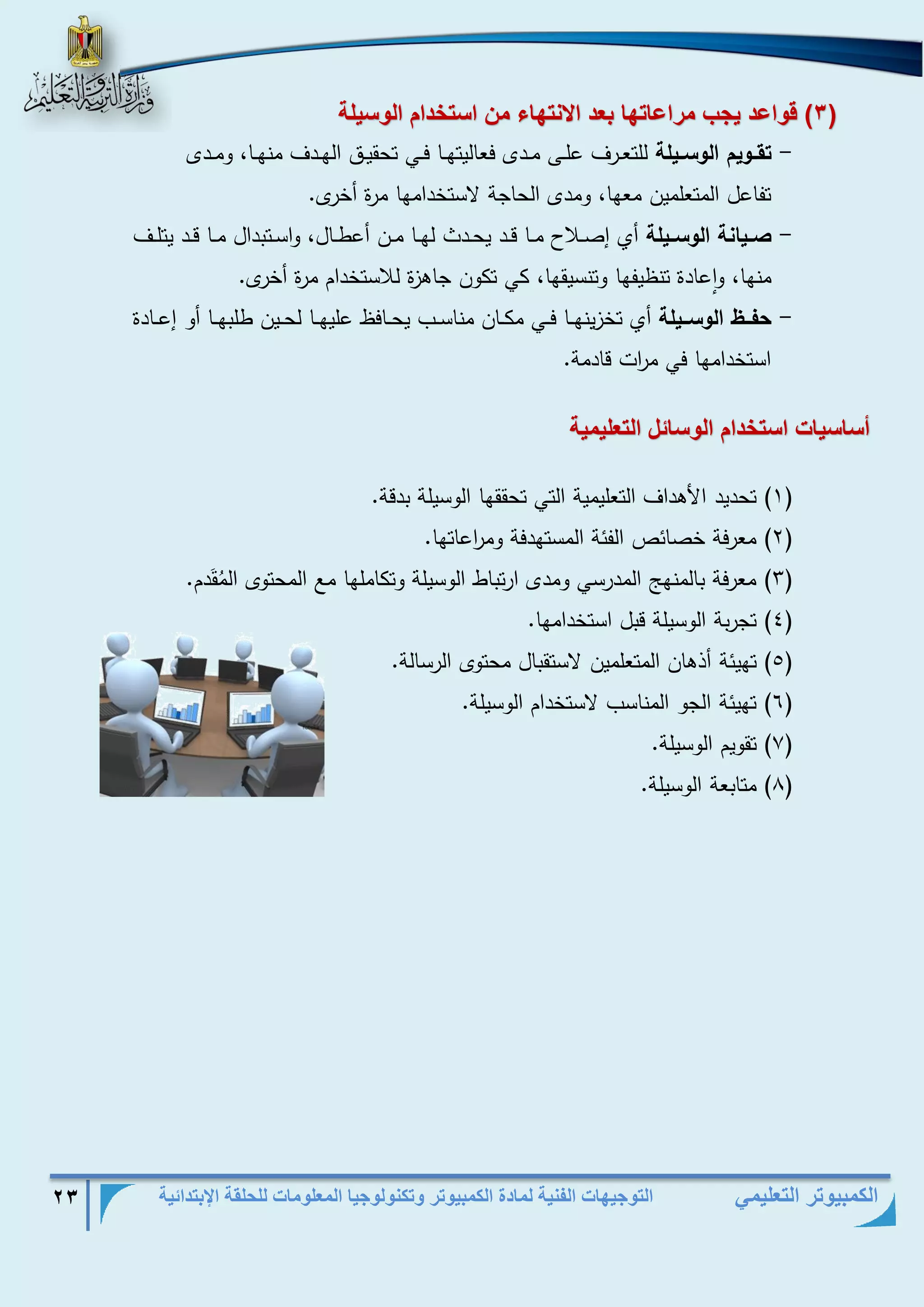 التوجيهات الفنية لمادة الكمبيوتر وتكنولوجيا المعلومات للحلقة الإبتدائية 23 
الكمبيوتر التعليمي 
( 3 ( ق اعد ي ب متاع وه ب د الانوه ء من اسوخدام ال سيل 
رقااييم اليساايلر للتعذذرف علذذى مذذدى فعاليتهذذا فذذي تحقيذذق الهذذدف منهذذا، ومذذدى - 
تفاعل المتعلمين معها، ومدى الحاجة لاستخدامها مرة أخرى . 
اايانر اليساايلر أي إصذذلاح مذذا قذذد يحذذدط لهذذا مذذن أعطذذال، واسذذتبدال مذذا قذذد يتلذذف - 
منها، واعادة تنظيفها وتنسيقها، كي تكون جاهزة للاستخدام مرة أخرى. 
حفااا اليسااايلر أي تخزينهذذا فذذي مكذذان مناسذذب يحذذافظ عليهذذذا لحذذين طلبهذذذا أو إعذذادة - 
استخدامها في م ا رت قادمة. 
أس سي اسوخدام ال س ئل الو ليمي 
1( تحديد الأهداف التعليمية التي تحققها الوسيلة بدقة. ( 
)2( معرفة خصائص الفئة المستهدفة وم ا رعاتها. 
)3( معرفة بالمنه المدرسي ومدى ارتباط الوسيلة وتكاملها مع المحتوى المُقَدم. 
)4( تجربة الوسيلة قبل استخدامها. 
5( تهيئة أذهان المتعلمين لاستقبال محتوى الرسالة. ( 
6( تهيئة الجو المناسب لاستخدام الوسيلة. ( 
7( تقويم الوسيلة. ( 
8( متابعة الوسيلة. ( 
 