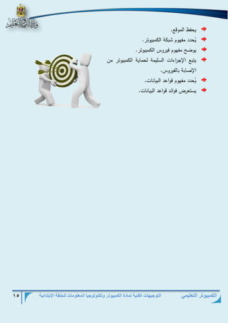 التوجيهات الفنية لمادة الكمبيوتر وتكنولوجيا المعلومات للحلقة الإبتدائية 15 
الكمبيوتر التعليمي 
يحفظ الموقع. 
يُحدد مفهوم شبكة الكمبيوتر. 
يوضح مفهوم فيروس الكمبيوتر. 
يتبع الإج ا رءات السليمة لحماية الكمبيوتر من 
الإصابة بالفيروس. 
يُحدد مفهوم قواعد البيانات. 
يستعرض فوائد قواعد البيانات. 
 