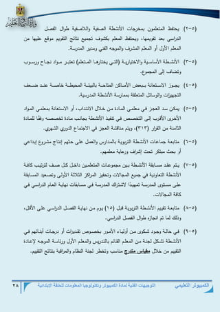 التوجيهات الفنية لمادة الكمبيوتر وتكنولوجيا المعلومات للحلقة الإبتدائية 28 
الكمبيوتر التعليمي 
- )2 5( يحتفظ المتعلمون بمخرجات الأنشطة الصفية واللاصفية طوال الفصل 
الد ا رسي بعد تقويمها، ويحتفظ المعلم بكشوف تجميع نتائ التقويم موقع عليها من 
المعلم الأول أو المعلم المشرف والموجه الفني ومدير المدرسة. 
- )3 5( الأنشذذذذطة الأساسذذذذية والاختياريذذذذة )التذذذذي يختارهذذذذا المذذذذتعلم( تعتبذذذذر مذذذذواد نجذذذذاح ورسذذذذوب 
وتضاف إلى المجموع. 
- )4 5( يجذذذذذوز الاسذذذذذتعانة بذذذذذبعض الأمذذذذذاكن المتاحذذذذذة بالبيئذذذذذة المحيطذذذذذة خاصذذذذذة عنذذذذذد ضذذذذذعف 
التجهي ا زت والوسائل المتعلقة بممارسة الأنشطة المدرسية. 
- )5 5( يمكذذن سذذد العجذذز فذذي معلمذذي المذذادة مذذن خذذلال الانتذذداب، أو الاسذذتعانة بمعلمذذي المذذواد 
الأخذذرى الأقذذرب إلذذى التخصذذص فذذي تنفيذذذ الأنشذذطة بجانذذب مذذادة تخصصذذه وفق ذذا للمذذادة 
الثامنة من الق ا رر ) 313 (، ويتم مناقشة العجز في الاجتماع الدوري الشهري. 
- )6 5( متابعذة جماعذات الأنشذطة التربويذة بالمذدارس والعمذل علذى حذثهم إنتذاج مشذروع إبذذداعي 
أو بحط مبتكر تحت إش ا رف ورعاية معلمهم. 
- )7 5( يذذذتم عقذذذد مسذذذابقة الأنشذذذطة بذذذين مجموعذذذات المتعلمذذذين داخذذذل كذذذل صذذذف لترتيذذذب كافذذذة 
الأنشطة التعاونية في جميع المجالات وتحفيز الم ا ركز الثلاثة الأولذى وتصذعيد المسذابقة 
علذذى مسذذتوى المدرسذذة تمهيذذ د ا لاشذذت ا رك المدرسذذة فذذي مسذذابقات نهايذذة العذذام الد ا رسذذي فذذي 
كافة المجالات. 
- )8 5( متابعذذة تقيذذيم الأنشذذطة التربويذذة قبذذل ) 15 ( يذذوم مذذن نهايذذة الفصذذل الد ا رسذذي علذذى الأقذذل، 
وذلك لما تم انجازه طوال الفصل الد ا رسي. 
- )9 5( فذذي حالذذة وجذذود شذذكوى مذذن أوليذذاء الأمذذور بخصذذوص تقذذدي ا رت أو درجذذات أبنذذائهم فذذي 
الأنشذذطة تشذذكل لجنذذة مذذن المعلذذم القذذائم بالتذذدريس والمعلذذم الأول ورئاسذذة الموجذذه لإعذذادة 
التقييم من خلال مقيال مردسج مناسب وتخطر لجنة النظام والم ا رقبة بنتائ التقييم. 
 