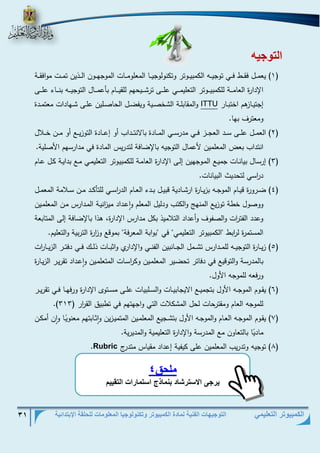 التوجيهات الفنية لمادة الكمبيوتر وتكنولوجيا المعلومات للحلقة الإبتدائية 31 
الكمبيوتر التعليمي 
1( يعمذذذل فقذذذط فذذذي توجيذذذه الكمبيذذذوتر وتكنولوجيذذذا المعلومذذذات الموجهذذذون الذذذذين تمذذذت موافقذذذة ( 
الإدارة العامذذذذة للكمبيذذذذوتر التعليمذذذذي علذذذذى ترشذذذذيحهم للقيذذذذام بأعمذذذذال التوجيذذذذه بنذذذذاء علذذذذى 
إجتيذذازهم اختبذذار ITTU والمقابلذذة الشخصذذية ويفضذذل الحاصذذلين علذذى شذذهادات معتمذذدة 
ومعترف بها. 
2( العمذذذل علذذذى سذذذد العجذذذز فذذذي مدرسذذذي المذذذادة بالانتذذذداب أو إعذذذادة التوزيذذذع أو مذذذن خذذذلال ( 
انتداب بعض المعلمين لأعمال التوجيه بالإضافة لتدريس المادة في مدارسهم الأصلية. 
3( إرسذال بيانذات جميذذع المذوجهين إلذذى الإدارة العامذذة للكمبيذوتر التعليمذذي مذذع بدايذذة كذل عذام ( 
د ا رسي لتحديط البيانات. 
4( ضذذرورة قيذذام الموجذذه بزيذذارة ارشذذادية قبيذذل بذذدء العذذام الد ا رسذذي للتأكذذد مذذن سذذلامة المعمذذل ( 
ووصول خطة توزيع المنه والكتب ودليل المعلم واعذداد مي ا زنيذة المذدارس مذن المعلمذين 
وعدد الفت ا رت والصفوف وأعداد التلاميذ بكل مدارس الإدارة، هذا بالإضافة إلى المتابعة 
المستمرة ل ا ربط "الكمبيوتر التعليمي" في "بوابة المعرفة" بموقع و ا زرة التربية والتعليم. 
5( زيذذذارة التوجيذذذه للمذذذدارس تشذذذمل الجذذذانبين الفنذذذي والإداري واثبذذذات ذلذذذك فذذذي دفتذذذر الزيذذذا ا رت ( 
بالمدرسة والتوقيع في دفاتر تحضذير المعلمذين وك ا رسذات المتعلمذين واعذداد تقريذر الزيذارة 
ورفعه للموجه الأول. 
6( يقذذوم الم وجذذه الأول بتجميذذع الايجابيذذات والسذذلبيات علذذى مسذذتوى الإدارة ورفهذذا فذذي تقريذذر ( 
.) للموجه العام ومقترحات لحل المشكلات التي واجهتهم في تطبيق الق ا رر ) 313 
7( يقذوم الموجذذه العذام والموجذذه الأول بتشذجيع المعلمذين المتميذزين واثذابتهم معنو يذا وان أمكذن ( 
ماد يا بالتعاون مع المدرسة والإدارة التعليمية والمديرية. 
8( توجيه وتدريب المعلمين على كيفية إعداد مقياس متدرج ( Rubric . 
ملحق 4 
يت ى الاسوتش د بنم ذج اسوم تا الوقييم 
 