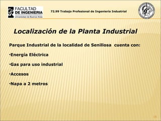 72.99 Trabajo Profesional de Ingeniería Industrial Localización de la Planta Industrial Parque Industrial de la localidad de Senillosa  cuenta con:   Energía Eléctrica Gas para uso industrial Accesos Napa a 2 metros  