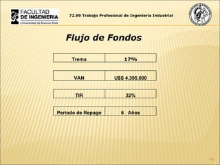 72.99 Trabajo Profesional de Ingeniería Industrial Flujo de Fondos Trema 17% VAN U$S 4.395.000 TIR 32% Periodo de Repago 6  A ños 