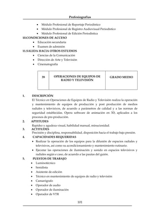 Profesiografías
101
· Módulo Profesional de Reportaje Periodístico
· Módulo Profesional de Registro Audiovisual Periodístico
· Módulo Profesional de Edición Periodística
10.CONDICIONES DE ACCESO
· Educación secundaria
· Examen de admisión
11.SALIDA HACIA OTROS ESTUDIOS
· Ciencias de la Comunicación
· Dirección de Arte y Televisión
· Cinematografía
39 OPERACIONES DE EQUIPOS DE
RADIO Y TELEVISIÓN
GRADO MEDIO
1. DESCRIPCIÓN
El Técnico en Operaciones de Equipos de Radio y Televisión realiza la operación
y mantenimiento de equipos de producción y post producción de medios
radiales y televisivos, de acuerdo a parámetros de calidad y a las normas de
seguridad establecidas. Opera software de animación en 3D, aplicados a los
procesos de pre-producción.
2. APTITUDES
Rapidez y agudeza visual, habilidad manual, minuciosidad.
3. ACTITUDES
Precisión y disciplina, responsabilidad, disposición hacia el trabajo bajo presión.
4. CAPACIDADES REQUERIDAS
· Realizar la operación de los equipos para la difusión de espacios radiales y
televisivos, así como su acondicionamiento y mantenimiento rutinario.
· Ejecutar las operaciones de iluminación y sonido en espacios televisivos y
radiales según e caso, de acuerdo a las pautas del guión.
5. PUESTOS DE TRABAJO
· Luminotécnico
· Sonidista
· Asistente de edición
· Técnico en mantenimiento de equipos de radio y televisión
· Camarógrafo
· Operador de audio
· Operador de iluminación
· Operador de VTR
 