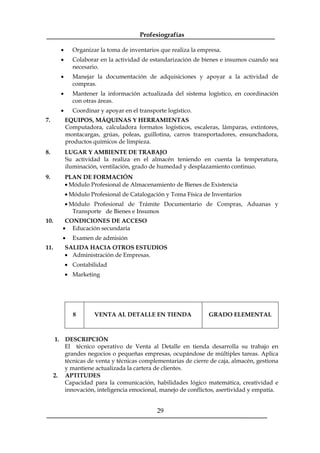 Profesiografías
29
· Organizar la toma de inventarios que realiza la empresa.
· Colaborar en la actividad de estandarización de bienes e insumos cuando sea
necesario.
· Manejar la documentación de adquisiciones y apoyar a la actividad de
compras.
· Mantener la información actualizada del sistema logístico, en coordinación
con otras áreas.
· Coordinar y apoyar en el transporte logístico.
7. EQUIPOS, MÁQUINAS Y HERRAMIENTAS
Computadora, calculadora formatos logísticos, escaleras, lámparas, extintores,
montacargas, grúas, poleas, guillotina, carros transportadores, ensunchadora,
productos químicos de limpieza.
8. LUGAR Y AMBIENTE DE TRABAJO
Su actividad la realiza en el almacén teniendo en cuenta la temperatura,
iluminación, ventilación, grado de humedad y desplazamiento continuo.
9. PLAN DE FORMACIÓN
· Módulo Profesional de Almacenamiento de Bienes de Existencia
· Módulo Profesional de Catalogación y Toma Física de Inventarios
· Módulo Profesional de Trámite Documentario de Compras, Aduanas y
Transporte de Bienes e Insumos
10. CONDICIONES DE ACCESO
· Educación secundaria
· Examen de admisión
11. SALIDA HACIA OTROS ESTUDIOS
· Administración de Empresas.
· Contabilidad
· Marketing
8 VENTA AL DETALLE EN TIENDA GRADO ELEMENTAL
1. DESCRIPCIÓN
El técnico operativo de Venta al Detalle en tienda desarrolla su trabajo en
grandes negocios o pequeñas empresas, ocupándose de múltiples tareas. Aplica
técnicas de venta y técnicas complementarias de cierre de caja, almacén, gestiona
y mantiene actualizada la cartera de clientes.
2. APTITUDES
Capacidad para la comunicación, habilidades lógico matemática, creatividad e
innovación, inteligencia emocional, manejo de conflictos, asertividad y empatía.
 