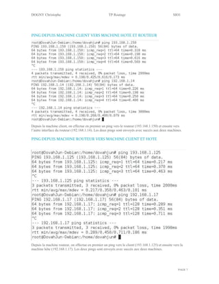 DOGNY Christophe TP Routage SIO1
PAGE 7
PING DEPUIS MACHINE CLIENT VERS MACHINE HOTE ET ROUTEUR
Depuis la machine client, on effectue en premier un ping vers le routeur (193.168.1.150) et ensuite vers
l’autre interface du routeur (192.168.1.14). Les deux pings sont envoyés avec succès aux deux machines.
PING DEPUIS MACHINE ROUTEUR VERS MACHINE CLIENT ET HOTE
Depuis la machine routeur, on effectue en premier un ping vers le client (193.168.1.125) et ensuite vers la
machine hôte (192.168.1.17). Les deux pings sont envoyés avec succès aux deux machines.
 