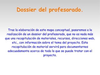 Dossier del profesorado.
Tras la elaboración de este mapa conceptual, pasaremos a la
realización de un dossier del profesorado, que no es nada más
que una recapitulación de materiales, recursos, direcciones web,
etc., con información sobre el tema del proyecto. Esta
recapitulación de material servirá para documentarnos
adecuadamente acerca de todo lo que se puede tratar con el
proyecto.
 