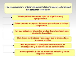 Hay que secuenciar y ordenar debidamente las actividades, en función del
hilo conductorhilo conductor establecido.
Deben permitir defirentes tipos de organización y
agrupamiento.
Deben permitir un reparto de tareas que estimule el trabajo
cooperativo.
Hay que establecer diferentes grados de profundidad, para
atender la diversidad.
Han de ser motivadoras y conseguir que el alumnado se
involucre en ellas.
Han de promover la búsqueda de información, la
investigación y la elaboración de conocimiento
Han de permitir el uso de materiales variados y ser de
respuesta flexible.
 